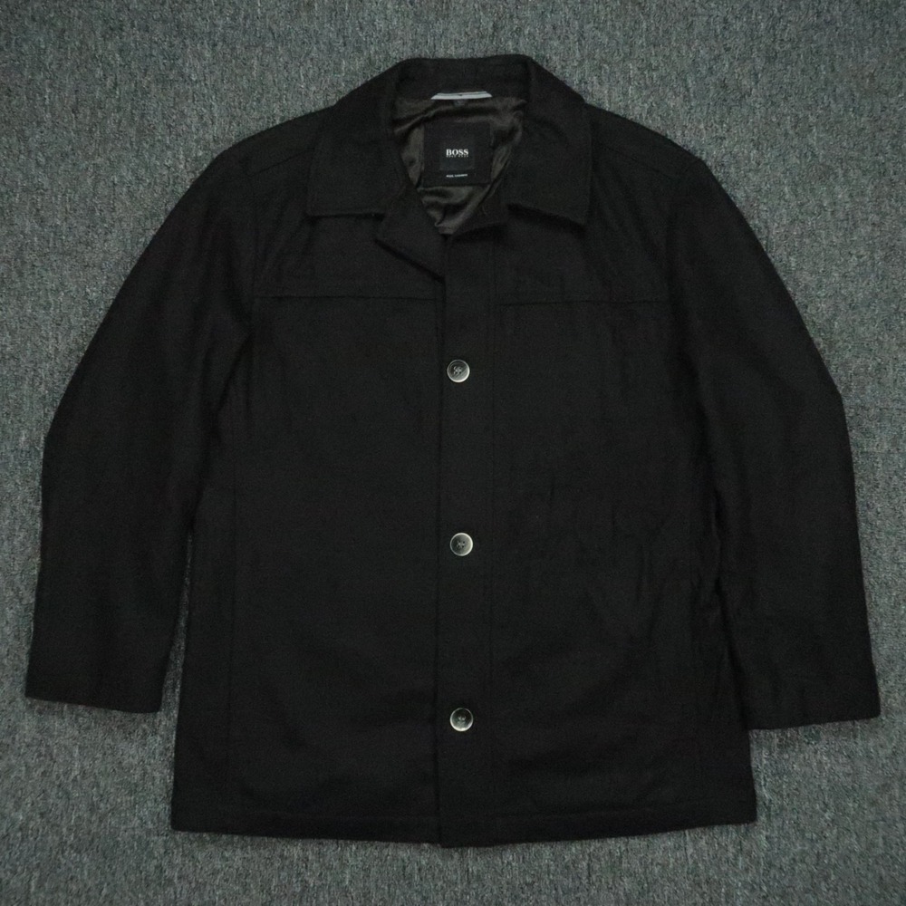 Hugo‎ Boss Jacket Mens Large Black Wool Cashmere Car Coat Minimalist Pockets 46R